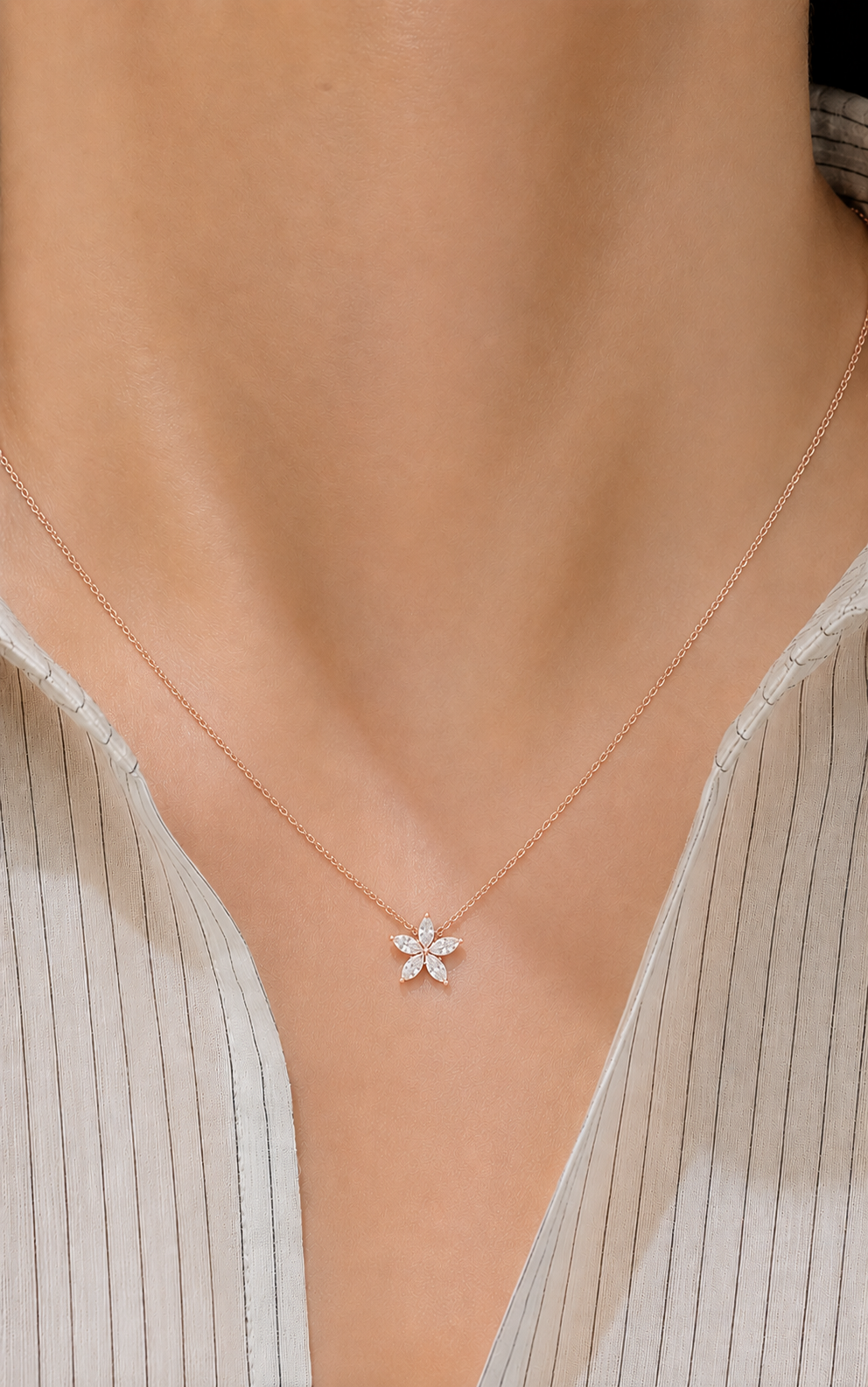 5 Petal Diamond Marquise Flower Necklace