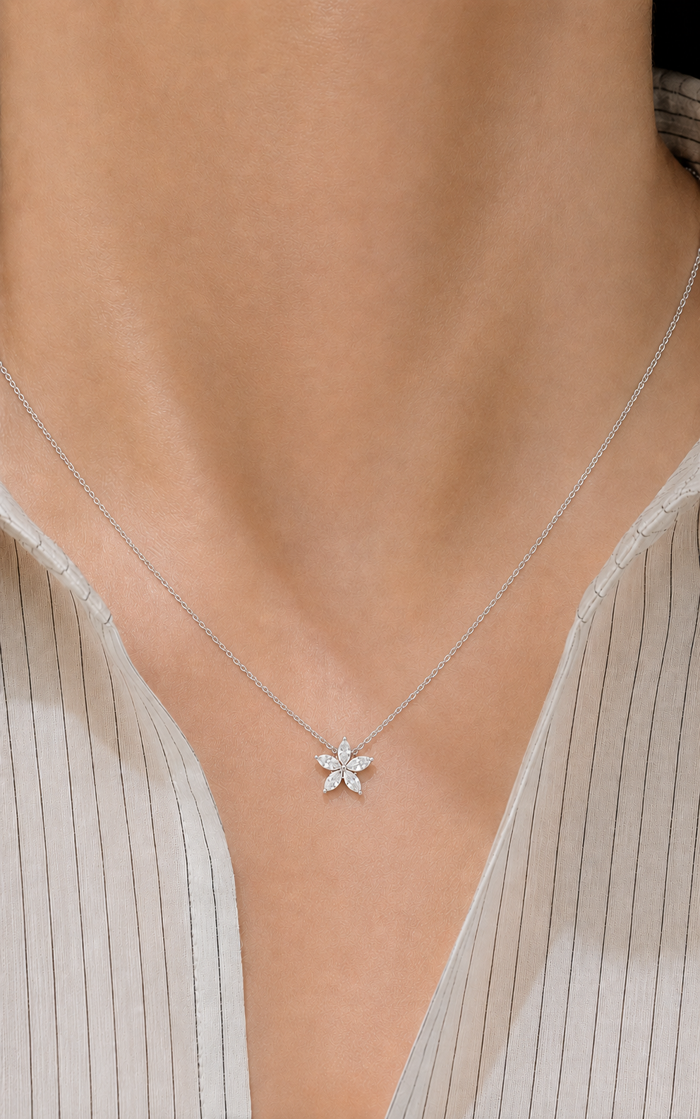 5 Petal Diamond Marquise Flower Necklace