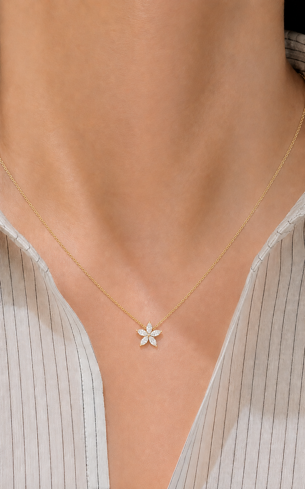 5 Petal Diamond Marquise Flower Necklace