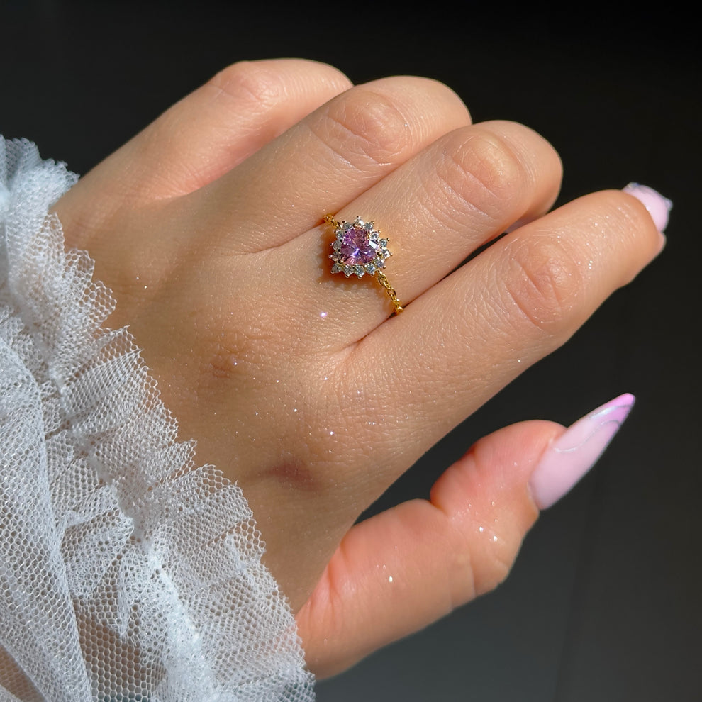 Pink Heart Cluster Chain Ring