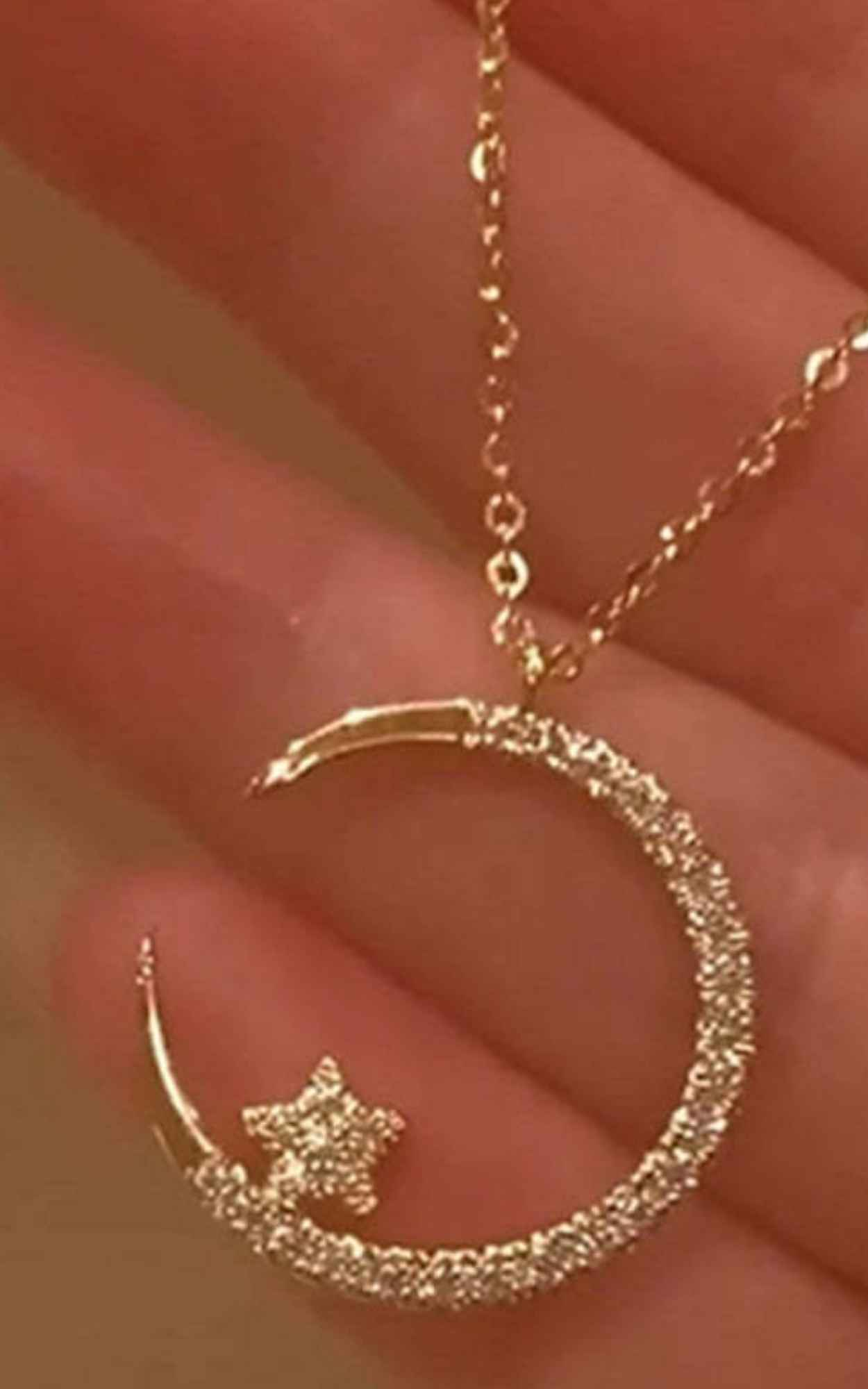Crescent Diamond Moon Star Necklace
