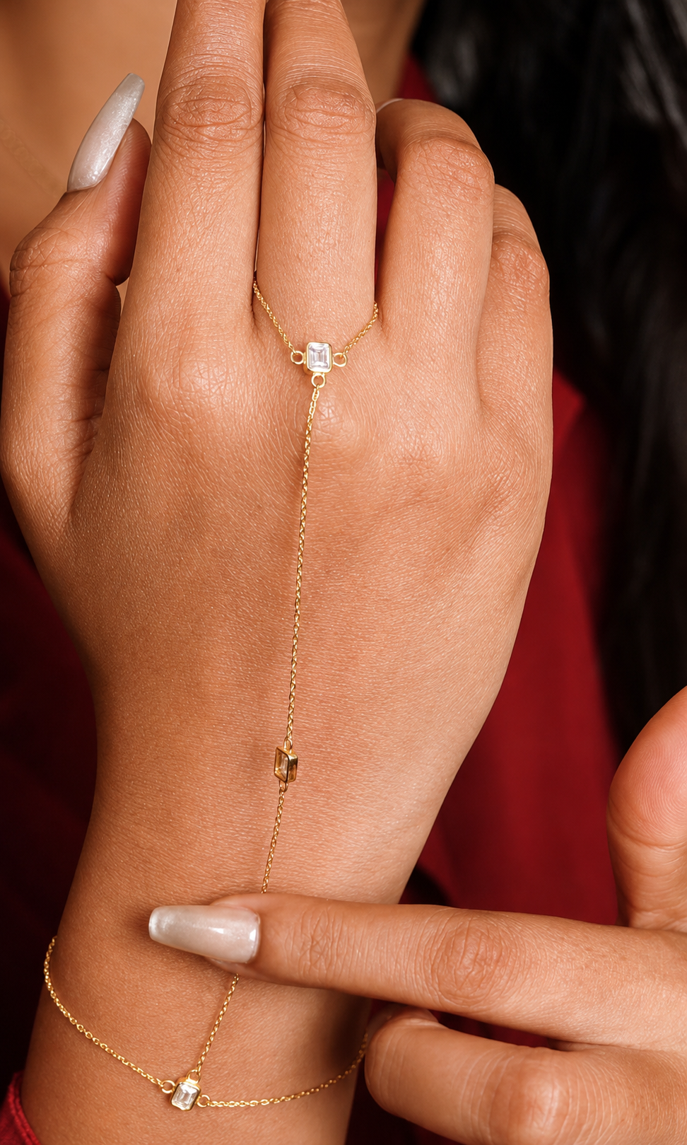 Emerald Cut Besel Set Ring Chain Bracelet