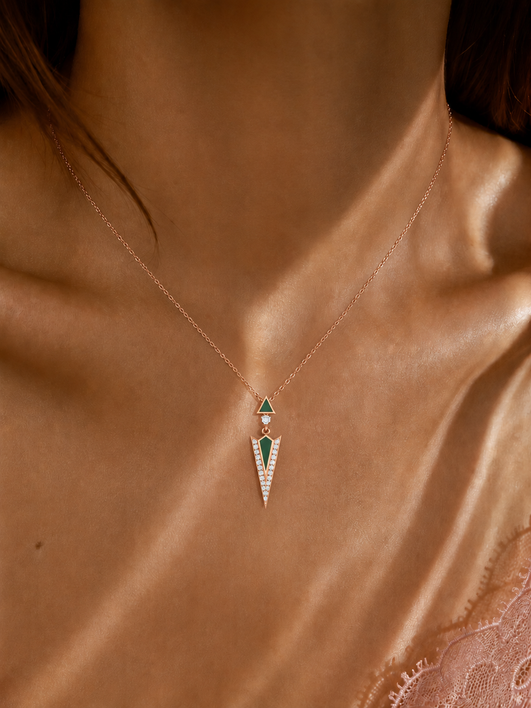 Green enamel diamond arrow pendant Necklace