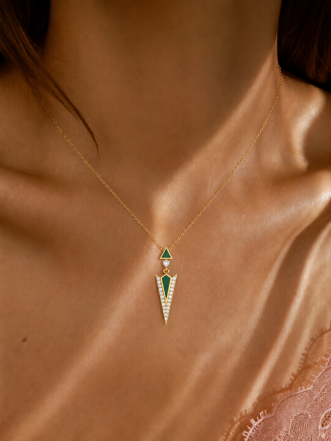 Green enamel diamond arrow pendant Necklace