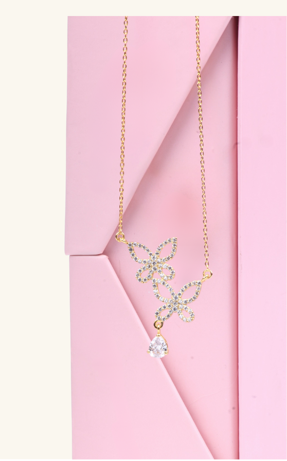 Pear Drop Dual Butterfly Neckace