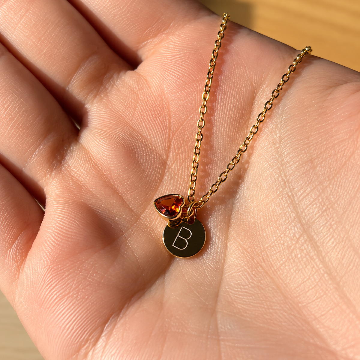 Ruby Heart Disc Initial Necklace