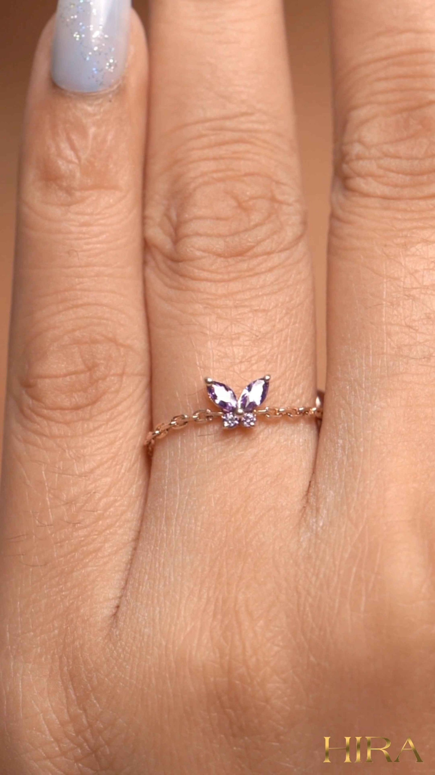 Amythest Butterfly chain Ring