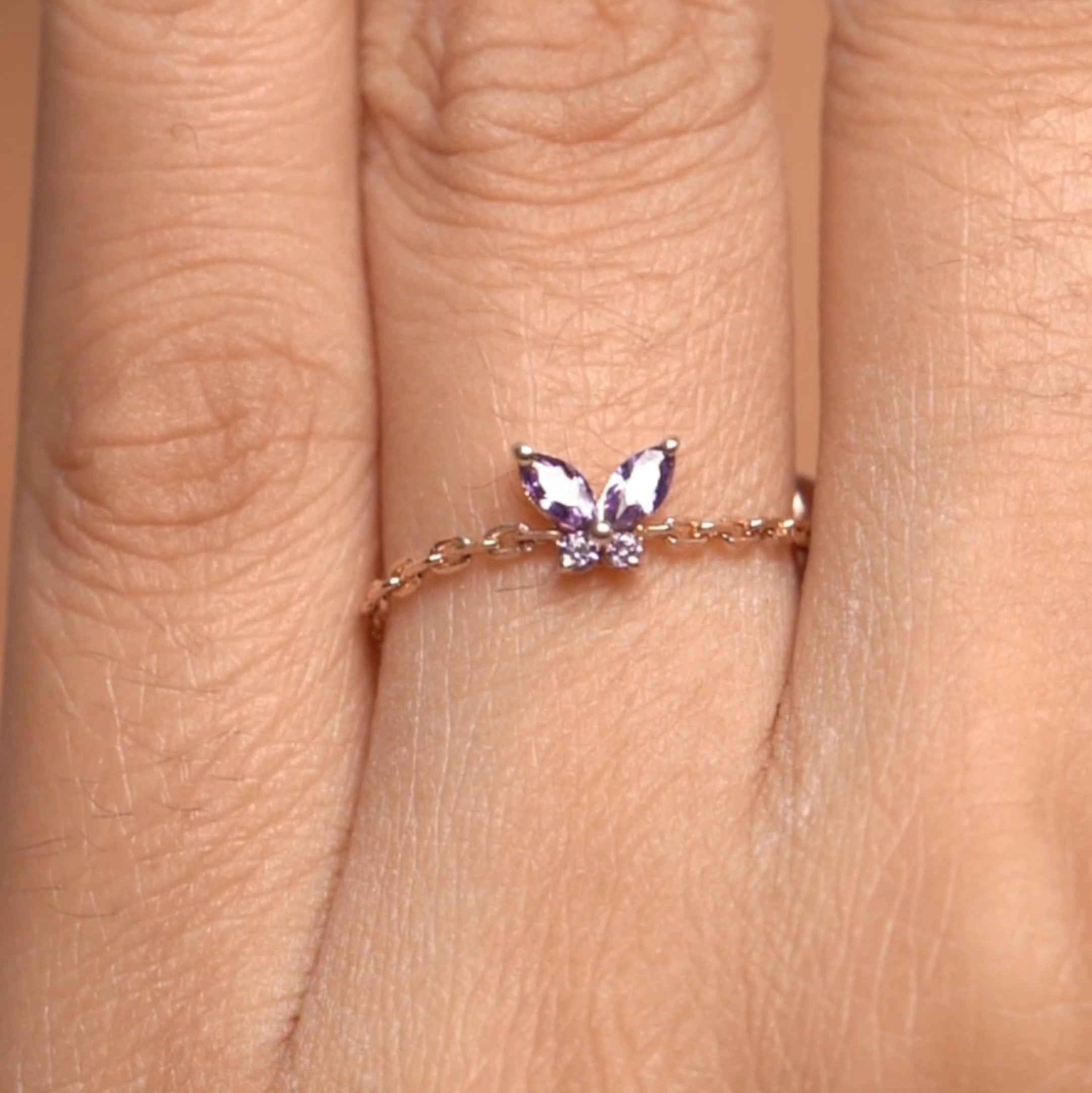 Amythest Butterfly chain Ring
