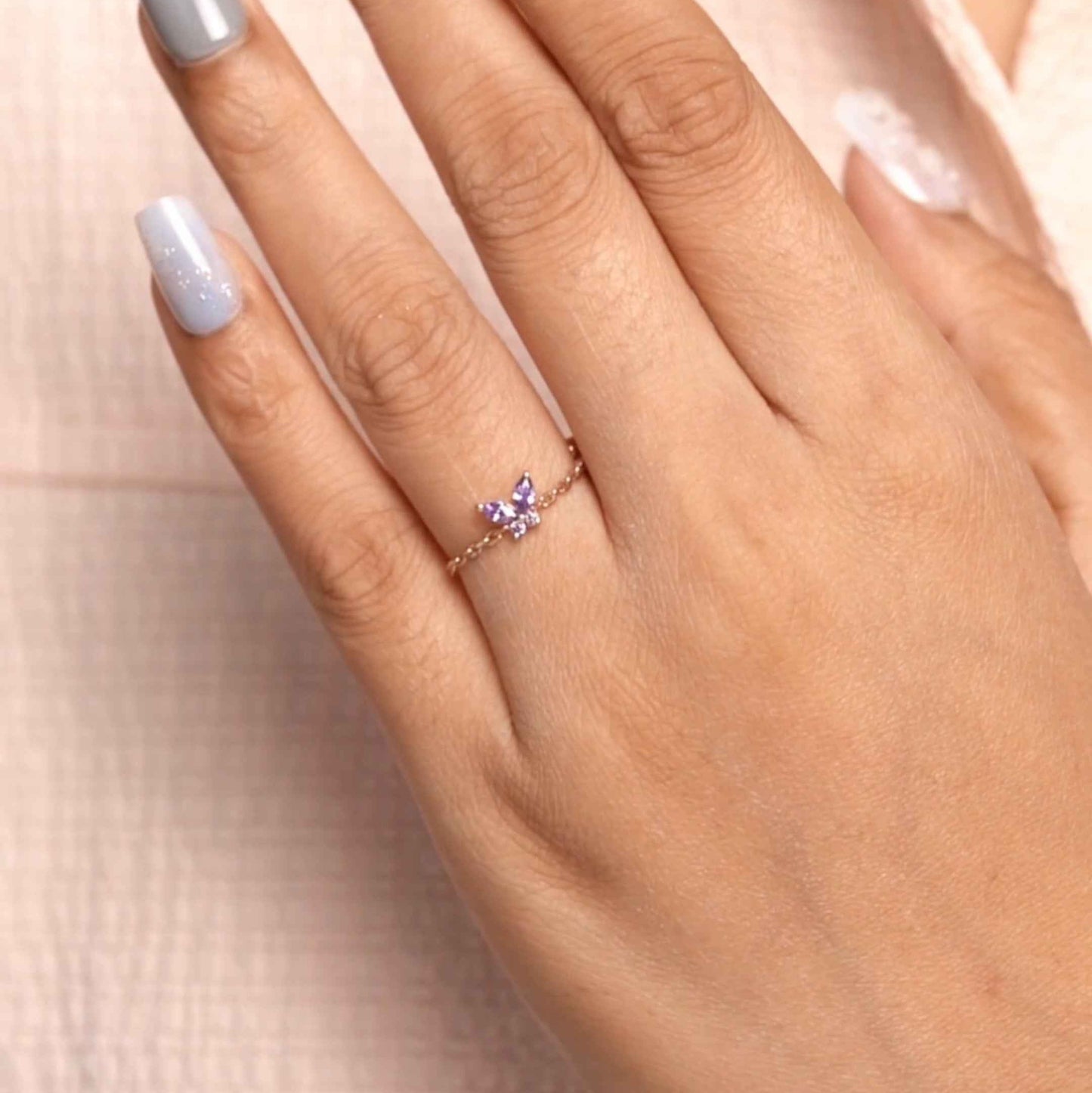 Amythest Butterfly chain Ring