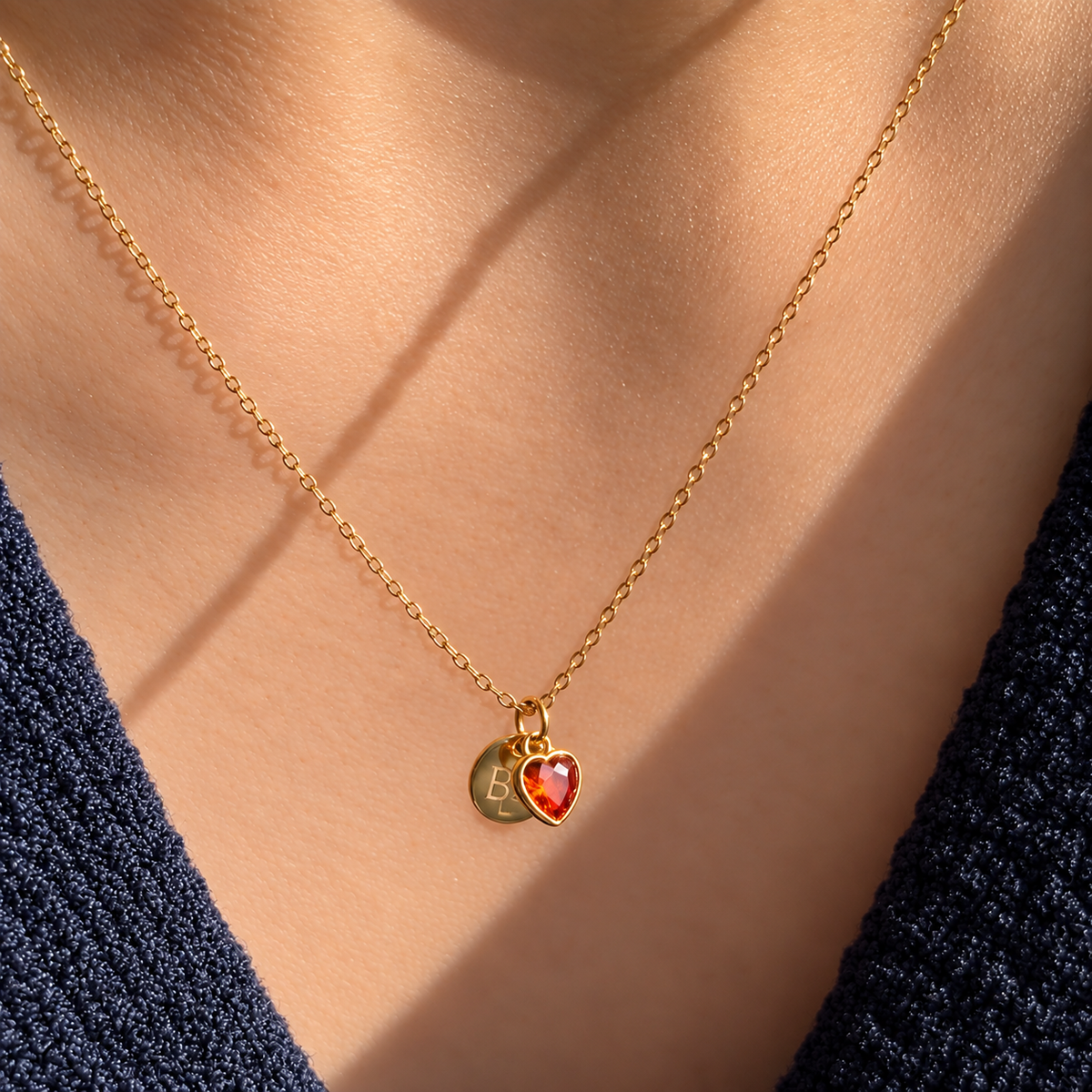 Ruby Heart Disc Initial Necklace