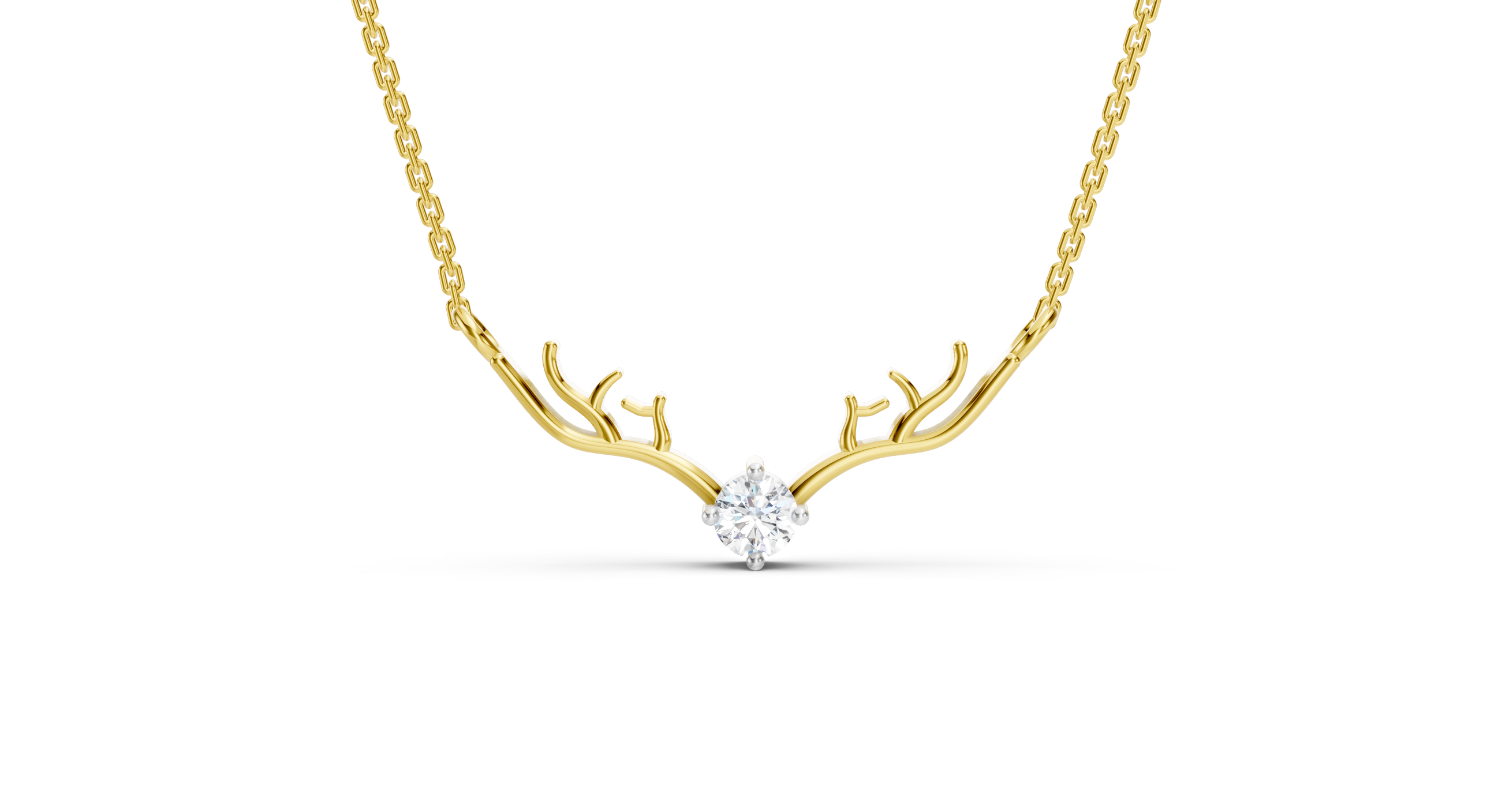 Gold necklace with antler design and diamond on a white background